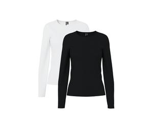 Langarmshirt PIECES "PCAMELIA LS TOP 2-PACK JRS NOOS BC", Damen, Gr. XXL, schwarz pack:2 pack schwarz, hellweiß, Jersey, Obermaterial: 95% Baumwolle, 5% Elasthan, unifarben, figurbetont normal, Rundha