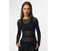 Langarmshirt PIECES "PCBOBO LS MESH ROUCHING TOP JRS NOOS", Damen, Gr. M, schwarz (schwarz aop:tiny schwarz dots), Jersey, Obermaterial: 100% Nylon, bedruckt, normal, Rundhals, Shirts Langarmshirt, Ku