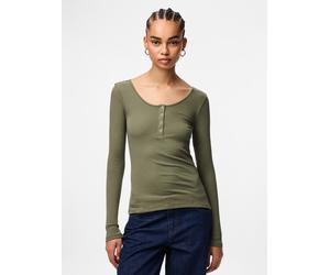 Langarmshirt PIECES "PCKITTE LS TOP NOOS BC", Damen, Gr. L, grün (deep lichen), Single Jersey, Obermaterial: 95% Baumwolle, 5% Elasthan, unifarben, slim fit normal, Rundhals, Shirts Langarmshirt, Baum