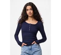 Langarmshirt PIECES "PCKITTE LS TOP NOOS BC", Damen, Gr. M, blau (maritime blau), Single Jersey, Obermaterial: 95% Baumwolle, 5% Elasthan, unifarben, slim fit normal, Rundhals, Shirts Langarmshirt, Ba