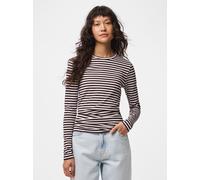 Langarmshirt PIECES "PCLAYA LS TOP JRS NOOS", Damen, Gr. XS, braun (winetasting stripes:hellweiß), Jersey, Obermaterial: 65% Polyester, 30% Viskose, 5% Elasthan, gestreift, regular fit normal, Rundhal
