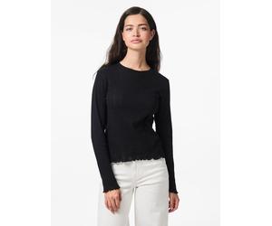 Langarmshirt PIECES "PCMARIE LS O-NECK POIN TOP JRS NOOS BC", Damen, Gr. XS, schwarz, Jersey, Obermaterial: 100% Baumwolle, unifarben, regular fit normal, Rundhals, gewellter Abschluss, Shirts Langarm
