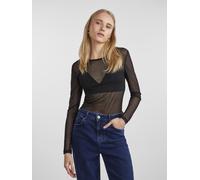 Langarmshirt PIECES "PCNINNI LS MESH TOP NOOS BC", Damen, Gr. XL, schwarz, Web, Obermaterial: 95% Polyester, 5% Elasthan, durchscheinend, leicht glänzend, unifarben, regular fit normal, Rundhals, Shir
