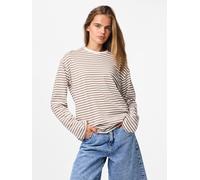 Langarmshirt PIECES "PCSADIE LS TOP JRS NOOS", Damen, Gr. M, braun (cloud dancer stripes:fossil), Jersey, Obermaterial: 75% Baumwolle, 25% Polyester, gestreift, oversize normal, Rundhals, Shirts Langa