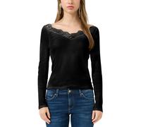 Langarmshirt QS, Damen, Gr. L (40), schwarz, Feinripp, Obermaterial: 100% Baumwolle, unifarben, tailliert hüftbedeckend, V-Ausschnitt, Shirts Langarmshirt, mit Spitzen-V-Ausschnitt (24690819-L) schwar
