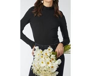 Langarmshirt RICHROYAL "2409 O Slub F LS", Damen, Gr. L, schwarz, Single Jersey, Obermaterial: 100% Baumwolle, Shirts Langarmshirt, mit Rüschenkante an Ausschnitt und Ärmelsaum (73966621-L) schwarz