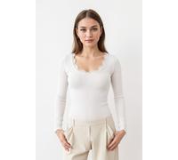 Langarmshirt ROSEMUNDE "Benita Silk Blouse", Damen, Gr. M, weiß (new weiß), Rippware, Obermaterial: 70% Seide, 30% Baumwolle, unifarben, schmal hüftlang, tiefer Rundhals, Spitzenkante, Shirts Langarms