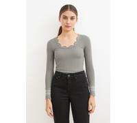 Langarmshirt ROSEMUNDE "Benita Silk Blouse", Damen, Gr. XL, grau (light grau melange), Rippware, Obermaterial: 70% Seide, 30% Baumwolle, meliert, feminin, schmal, tiefer Rundhals, Langarm Spitzenkante