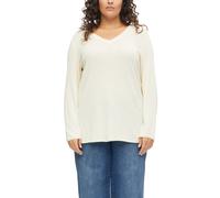 Langarmshirt S.OLIVER CURVE, Damen, Gr. 46, beige (almond weiß), Web, Obermaterial: 54% Baumwolle, 23% Polyester, 23% Viskose, unifarben, bequem hüftbedeckend, V-Ausschnitt, abgesteppte Kante, Shirts