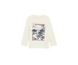 Langarmshirt S.OLIVER JUNIOR, Jungen, Gr. 140, beige (soft beige), Jersey, Obermaterial: 100% Baumwolle, bedruckt, regular fit normal, Rundhals, Shirts Langarmshirt, Plakativer Frontprint (35147049-14