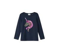 Langarmshirt S.OLIVER JUNIOR, Mädchen, Gr. 128/134, dunkelblau, Jersey, Obermaterial: 100% Baumwolle, bedruckt, normal hüftbedeckend, Rundhals, Shirts Langarmshirt, mit Pailletten-Einhorn (25982766-12