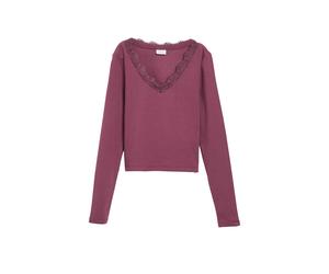 Langarmshirt S.OLIVER JUNIOR, Mädchen, Gr. 158/164, lila (burgundy), Jersey, Obermaterial: 100% Baumwolle, unifarben, normal hüftbedeckend, V-Ausschnitt, abgesteppte Kante, Shirts Langarmshirt, mit V-