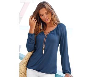 Langarmshirt S.OLIVER "mit Bindeband in Lederoptik am Ausschnitt, Boho-Style", Damen, Gr. 32/34, blau (dunkelblau), Jersey, Obermaterial: 95% Viskose, 5% Elasthan, unifarben, figurumspielend hüftlang,