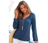 Langarmshirt S.OLIVER "mit Bindeband in Lederoptik am Ausschnitt, Boho-Style", Damen, Gr. 36/38, blau (dunkelblau), Jersey, Obermaterial: 95% Viskose, 5% Elasthan, unifarben, figurumspielend hüftlang,