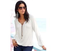 Langarmshirt S.OLIVER "mit Bindeband in Lederoptik am Ausschnitt, Boho-Style", Damen, Gr. 52/54, beige (creme), Jersey, Obermaterial: 95% Viskose, 5% Elasthan, unifarben, figurumspielend hüftlang, V-A
