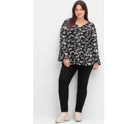 Langarmshirt SHEEGO BY JOE BROWNS "Langarmshirt", Damen, Gr. 44/46, schwarz (schwarz, gemustert), 95% Viskose, 5% Elasthan, geblümt, gemustert, V-Ausschnitt, Shirts Langarmshirt (51136954-44) schwarz,