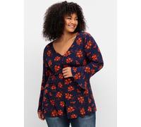 Langarmshirt SHEEGO BY JOE BROWNS "Langarmshirt", Damen, Gr. 56/58, blau (nachtblau, gemustert), 95% Viskose, 5% Elasthan, geblümt, gemustert, V-Ausschnitt, Shirts Langarmshirt (18666208-56) nachtblau