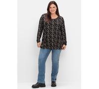 Langarmshirt SHEEGO "Langarmshirt", Damen, Gr. 44/46, schwarz (schwarz, gemustert), 95% Viskose, 5% Elasthan, geblümt, gemustert, mehrfarbig, Rundhals, Shirts Langarmshirt (19495407-44) schwarz, gemus