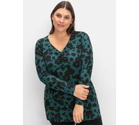 Langarmshirt SHEEGO "Langarmshirt", Damen, Gr. 50, grün (tiefgrün, gemustert), 95% Viskose, 5% Elasthan, geblümt, gemustert, V-Ausschnitt, Shirts Langarmshirt (61166144-50) tiefgrün, gemustert