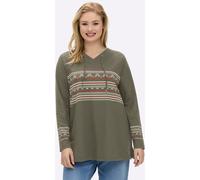 Langarmshirt SHEEGO "Shirt", Damen, Gr. 40/42, khaki, beige, bedruckt, 95% Baumwolle, 5% Elasthan, bedruckt, gemustert, mehrfarbig, V-Ausschnitt, Shirts Langarmshirt (66850256-40) khaki, beige, bedruc