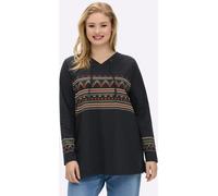 Langarmshirt SHEEGO "Shirt", Damen, Gr. 52/54, bunt (schwarz, beige, bedruckt), 95% Baumwolle, 5% Elasthan, bedruckt, gemustert, mehrfarbig, V-Ausschnitt, Shirts Langarmshirt (39850407-52) schwarz, be