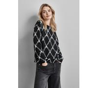 Langarmshirt STREET ONE, Damen, Gr. 36, schwarz, Stoff, 67% Polyester, 30% Viskose, 3% Elasthan, kariert, gerade normal, U-Boot-Ausschnitt, Bündchen, Shirts Langarmshirt, aus elastischem Materialmix (