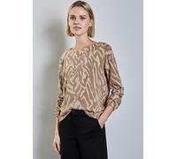 Langarmshirt STREET ONE, Damen, Gr. 46, beige (honey sand), Stoff, 64% Polyester, 33% Viskose, 3% Elasthan, bedruckt, gerade normal, U-Boot-Ausschnitt, Bündchen, Shirts, mit U-Boot-Ausschnitt (9907213