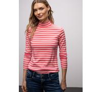 Langarmshirt STREET ONE, Damen, Gr. 46, striking coral, Jersey, Obermaterial: 95% Baumwolle, 5% Elasthan, gestreift, tailliert hüftbedeckend, Rundhals, Shirts Langarmshirt, in Streifen-Optik und mit T