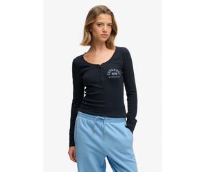 Langarmshirt SUPERDRY "ATHLETIC BUTTON DOWN LS TOP", Damen, Gr. L, eclipse navy, Single Jersey, Obermaterial: 95% Baumwolle, 5% Elasthan, bedruckt, skinny fit normal, tiefer Rundhals, Shirts Langarmsh