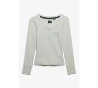 Langarmshirt SUPERDRY "ATHLETIC BUTTON DOWN LS TOP", Damen, Gr. M, iced grau marl, Single Jersey, Obermaterial: 95% Baumwolle, 5% Elasthan, bedruckt, meliert, skinny fit normal, tiefer Rundhals, Shirt