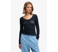 Langarmshirt SUPERDRY "ATHLETIC BUTTON DOWN LS TOP", Damen, Gr. M, schwarz (eclipse navy), Single Jersey, Obermaterial: 95% Baumwolle, 5% Elasthan, bedruckt, skinny fit normal, tiefer Rundhals, Shirts