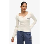 Langarmshirt SUPERDRY "ATHLETIC BUTTON DOWN LS TOP", Damen, Gr. XL (XXL), desert bone sanftes weiß, Feinripp, Obermaterial: 100% Seide, unifarben, skinny fit hüftlang, Rundhals, Bündchen, Shirts Langa