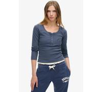 Langarmshirt SUPERDRY "ATHLETIC BUTTON DOWN LS TOP", Damen, Gr. XS/S, blau (mariner navy), Feinripp, Obermaterial: 95% Baumwolle, 5% Elasthan, unifarben, skinny fit hüftlang, Rundhals, Bündchen, Shirt