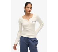 Langarmshirt SUPERDRY "ATHLETIC BUTTON DOWN LS TOP", Damen, Gr. XS (S), desert bone sanftes weiß, Feinripp, Obermaterial: 100% Seide, unifarben, skinny fit hüftlang, Rundhals, Bündchen, Shirts Langarm