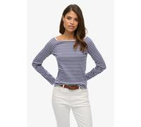 Langarmshirt SUPERDRY "BARDOT OFF SHOULDER TOP", Damen, Gr. M, blau (mariner navy stripe), Single Jersey, Obermaterial: 100% Baumwolle, gestreift, regular fit normal, U-Boot-Ausschnitt, Shirts Langarm