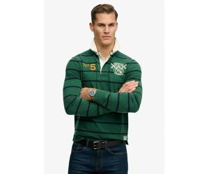 Langarmshirt SUPERDRY "DOUBLE EMBLEM STRIPE RUGBY", Herren, Gr. S, grün (hunter grün stripe), Single Jersey, Obermaterial: 100% Baumwolle, gestreift, relaxed fit normal, ohne Ausschnitt, Shirts Langar