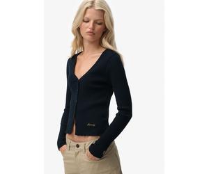 Langarmshirt SUPERDRY "ESSENTIAL BUTTON THRU LS TOP", Damen, Gr. L, eclipse navy, Single Jersey, Obermaterial: 100% Baumwolle, unifarben, skinny fit normal, tiefer Rundhals, Shirts Langarmshirt, Baumw