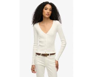 Langarmshirt SUPERDRY "ESSENTIAL BUTTON THRU LS TOP", Damen, Gr. L, weiß (sanftes weiß), Single Jersey, Obermaterial: 100% Baumwolle, unifarben, skinny fit normal, tiefer Rundhals, Shirts Langarmshirt