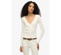 Langarmshirt SUPERDRY "ESSENTIAL BUTTON THRU LS TOP", Damen, Gr. M, weiß (sanftes weiß), Single Jersey, Obermaterial: 100% Baumwolle, unifarben, skinny fit normal, tiefer Rundhals, Shirts Langarmshirt