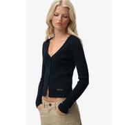 Langarmshirt SUPERDRY "ESSENTIAL BUTTON THRU LS TOP", Damen, Gr. S, eclipse navy, Single Jersey, Obermaterial: 100% Baumwolle, unifarben, skinny fit normal, tiefer Rundhals, Shirts Langarmshirt, Baumw