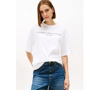 Langarmshirt TOMMY HILFIGER "CORP LOGO TRAPEZE C-NK TEE", Damen, Gr. S (36), th optic weiß, Single Jersey, Obermaterial: 100% Baumwolle, bedruckt, regular fit, Rundhals, Shirts Langarmshirt (94800541-