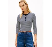 Langarmshirt TOMMY HILFIGER "GOLD BUTTON SLIM HENLEY 3/4", Damen, Gr. S (36/38), small brt stp schwarz night, ecru, Single Jersey, Obermaterial: 100% Baumwolle, gestreift, slim fit, Shirts Langarmshir