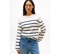 Langarmshirt TOMMY HILFIGER "LWK GOLD BUTTON BOAT-NK LS TEE", Damen, Gr. L (40), ivory silk, schwarz night navy stp, Single Jersey, Obermaterial: 100% Baumwolle, gestreift, regular fit hüftlang, U-Boo