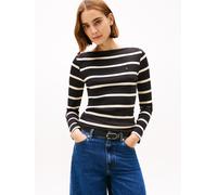 Langarmshirt TOMMY HILFIGER "SLIM 5X2 RIB BOAT-NK LS mit U-Boot Ausschnitt und Rippstruktur", Damen, Gr. XXL (44), schwarz, calico stp, Single Jersey, Obermaterial: 95% Viskose, 5% Elasthan, gestreift