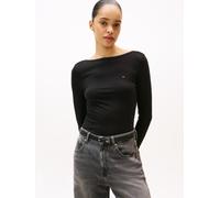 Langarmshirt TOMMY HILFIGER "SLIM 5X2 RIB BOAT-NK LS mit U-Boot Ausschnitt und Rippstruktur", Damen, Gr. XL (42), schwarz, Single Jersey, Obermaterial: 95% Viskose, 5% Elasthan, unifarben, casual, fig