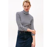 Langarmshirt TOMMY HILFIGER "SLIM 5X2 RIB ROLL-NK LS", Damen, Gr. L (40), schwarz night navy, ecru stp, Rippware, Obermaterial: 95% Viskose, 5% Elasthan, gestreift, Basic, schmal hüftlang, Rundhals, a