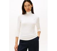 Langarmshirt TOMMY HILFIGER "SLIM 5X2 RIB ROLL-NK LS", Damen, Gr. XL (42), ivory silk, Rippware, Obermaterial: 95% Viskose, 5% Elasthan, unifarben, Basic, schmal hüftlang, Langarm abgesteppte Kante, S