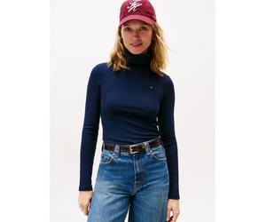 Langarmshirt TOMMY HILFIGER "SLIM 5X2 RIB ROLL-NK LS", Damen, Gr. XXL (44), blau (schwarz night navy), Rippware, Obermaterial: 95% Viskose, 5% Elasthan, unifarben, Basic, schmal hüftlang, Rundhals, ab
