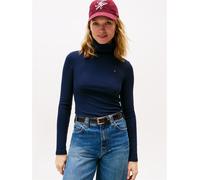 Langarmshirt TOMMY HILFIGER "SLIM 5X2 RIB ROLL-NK LS", Damen, Gr. XXXL(46), blau (schwarz night navy), Rippware, Obermaterial: 95% Viskose, 5% Elasthan, unifarben, Basic, schmal hüftlang, Rundhals, ab
