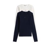 Langarmshirt TOMMY JEANS "TJW 2PACK SLIM ESSENTIAL RIB LS", Damen, Gr. S (36), blau (ecru, schwarz night navy), Single Jersey, Obermaterial: 95% Baumwolle, 5% Elasthan, Basic, slim fit hüftlang, Rundh